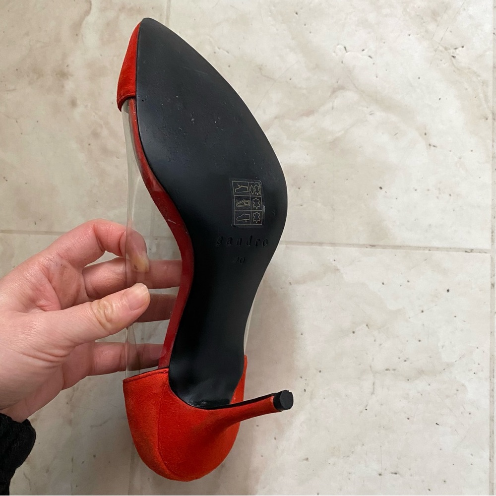$340 Sandro Orange Suede Clear Vinyl Pointed Toe Pumps Heels Size 9.5/40 - Picture 14 of 14